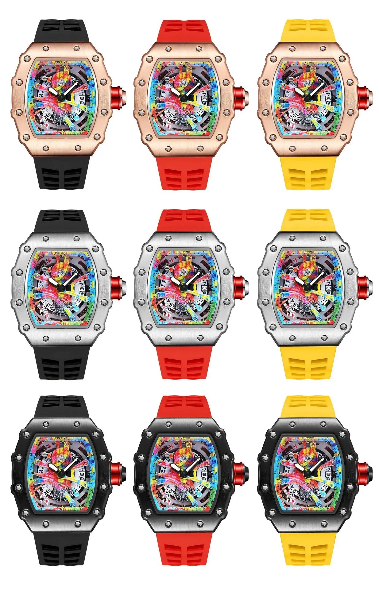Fashion Mechanical Man Watches Classic Colorful RM Desgin Automatic Visable Wristwatch Causal Men Watch Rubber Strap Belt