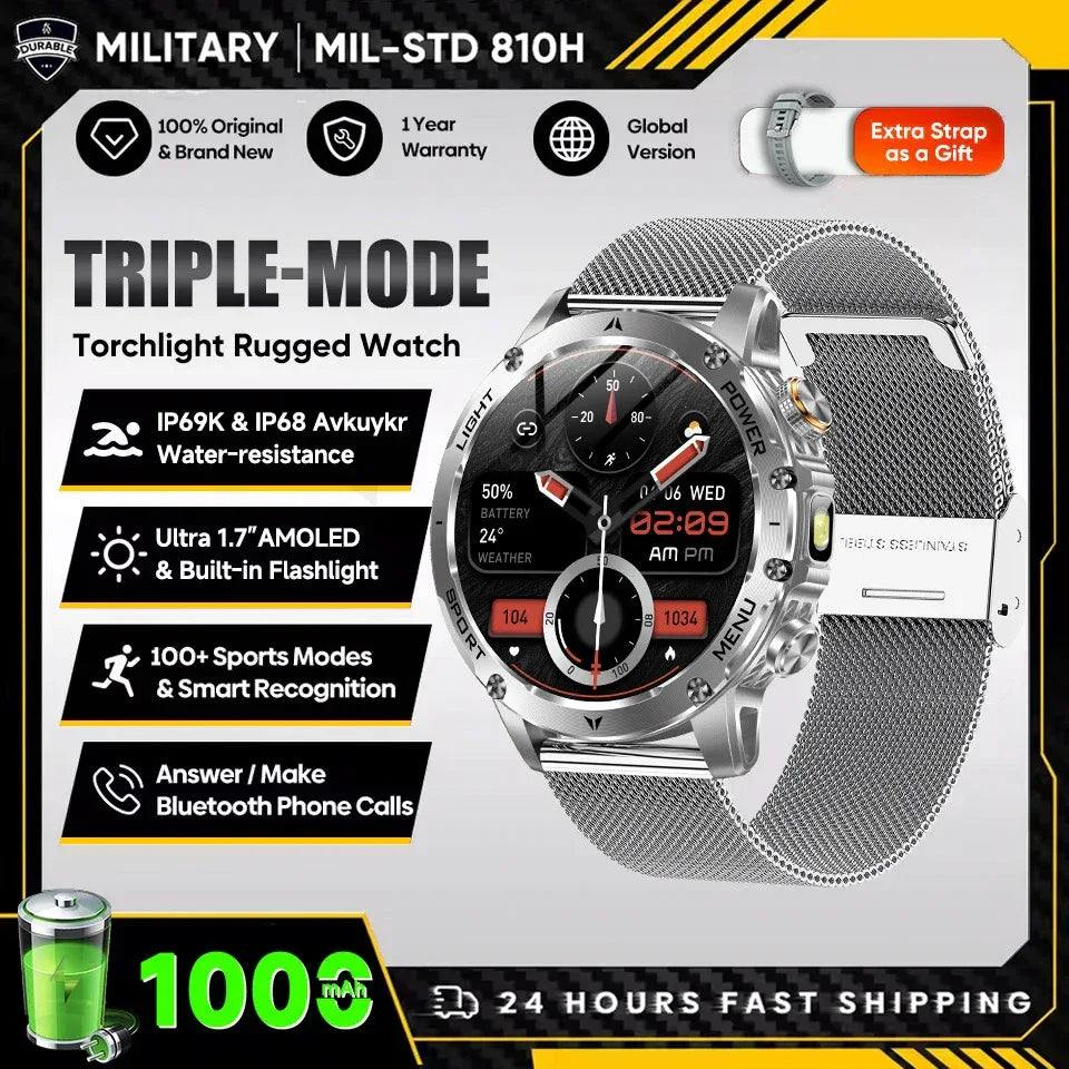 2025 New Military T-Rex 3 Ultra 1000mAh Battery Smart Watch 5ATM Waterproof Flashlight Heart Rate Sports tracker Smartwatch Men - Wear444