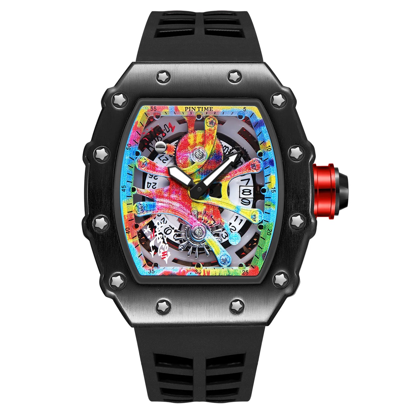Fashion Mechanical Man Watches Classic Colorful RM Desgin Automatic Visable Wristwatch Causal Men Watch Rubber Strap Belt