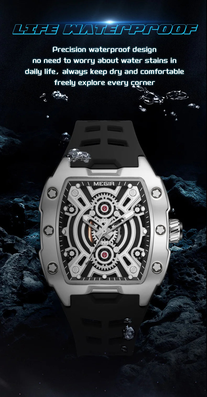 MEGIR Fashion Sport Quartz Watch for Men Tonneau Case Waterproof Luminous Hands Wristwatch with Silicone Strap Hollowed-out Dial