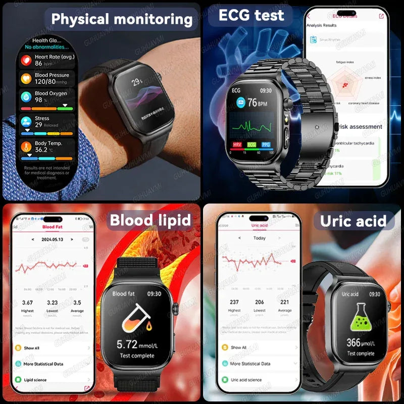 Accurate Measurement Health Smart Watch ECG+PPG Uric Acid Blood Pressure Blood Lipids BT Call Bluetooth Sport tracker Smartwatch - Wear444