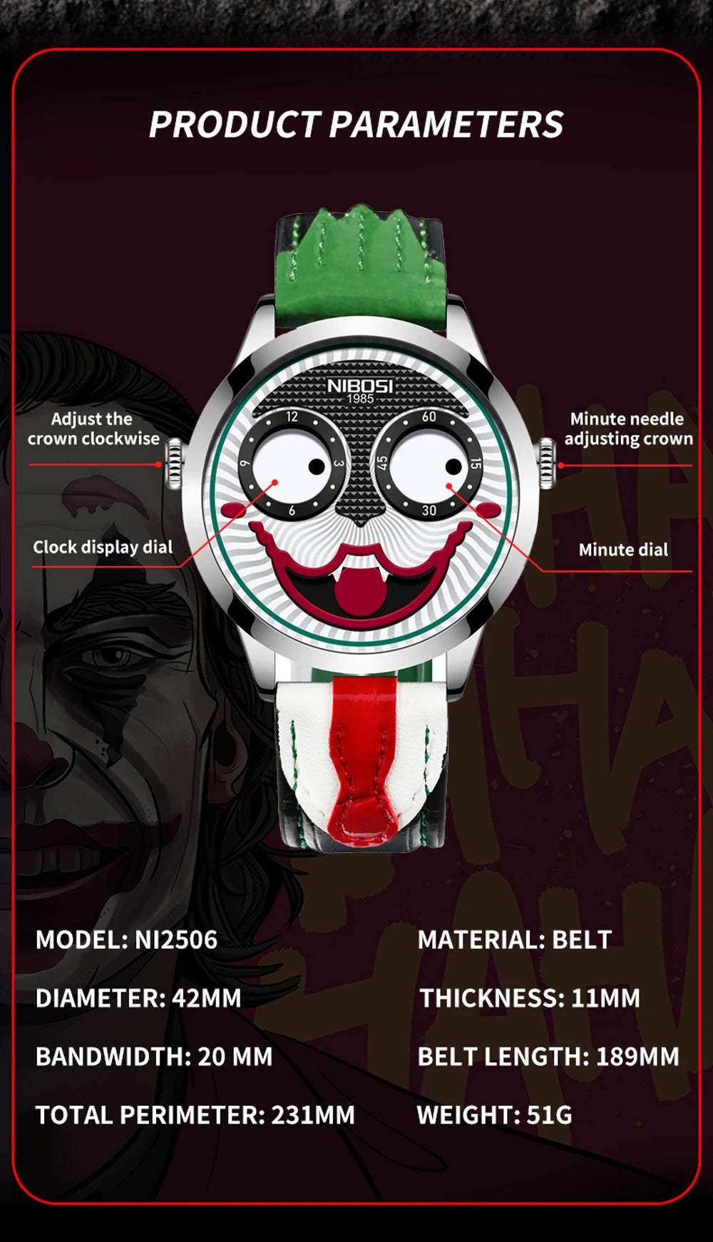 Creative Clown Dial Watch - Unique Leather Strap Design