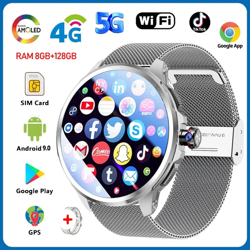 8GB+128GB RAM 5G/4G Smart Watch 1.95 inch AMOLED 2100mah Battery 900W Camera GPS WIFI Google APP Download Android 9.0 Smartwatch - Wear444
