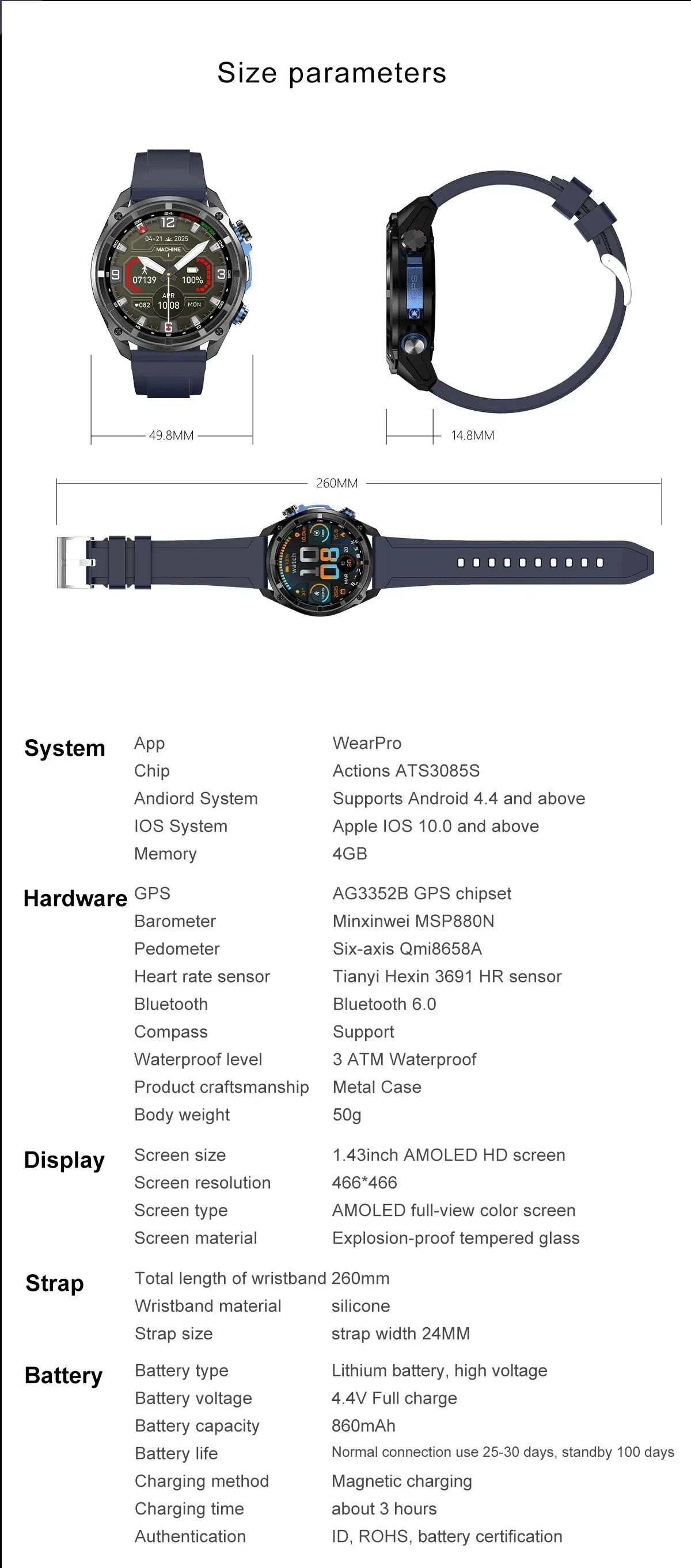 2025 New T-Rex Tactical Smartwatch Built-in GPS Offline Map 4GB Memory 5ATM IP69K Swimming Waterproof Men Militray Smart Bracele - Wear444