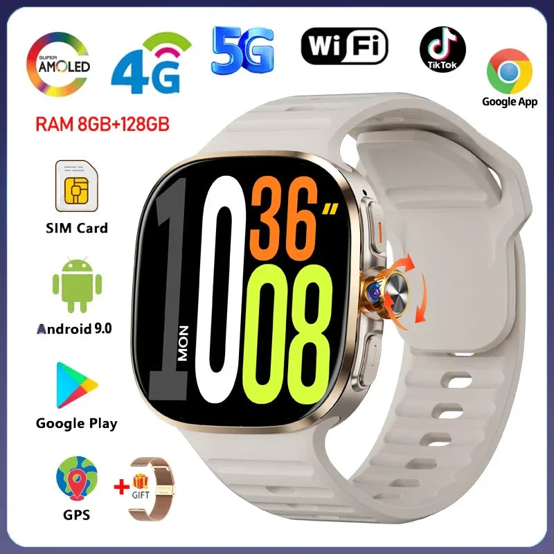 5G/4G Smart Watch 2.40 inch AMOLED 8GB+128GB RAM 2100mah Battery 900W Camera GPS WIFI Google APPS Download Android 10 Smartwatch - Wear444