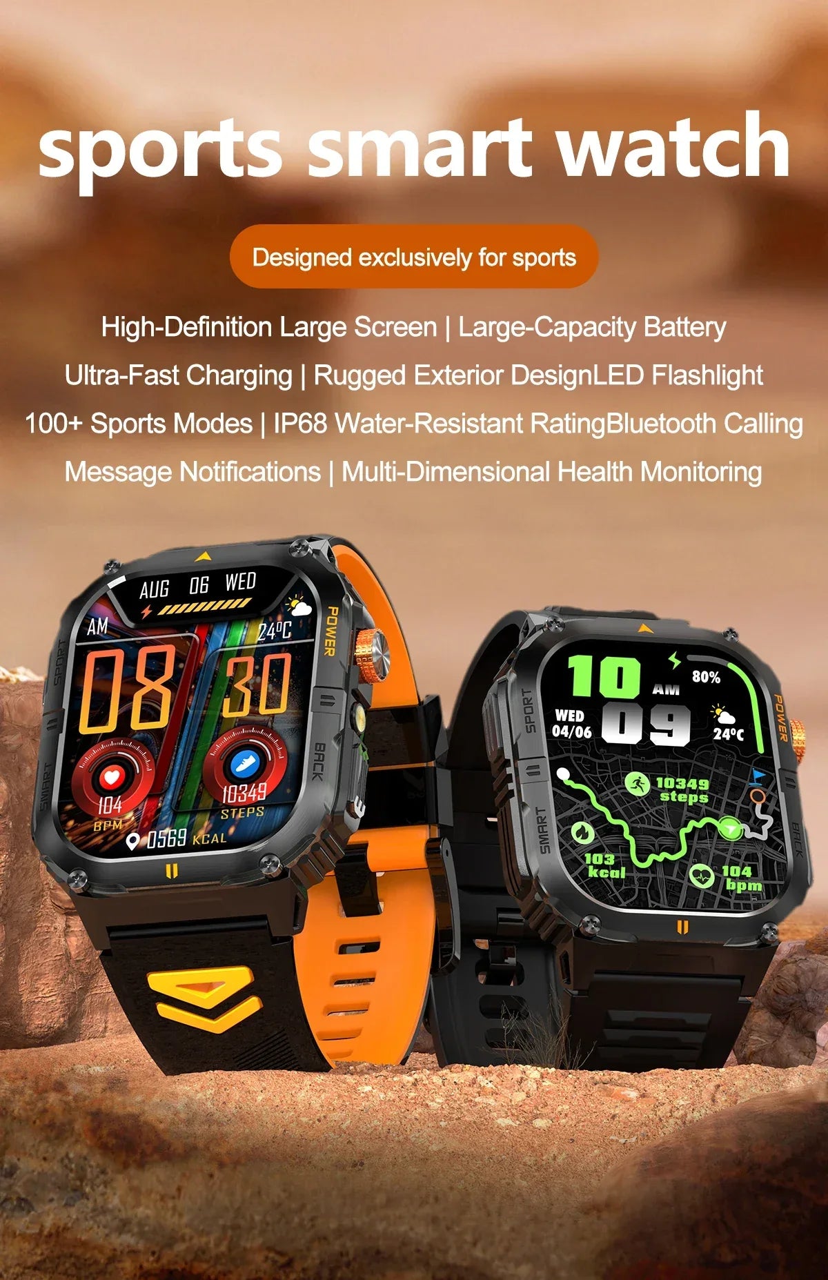 New 1000mAh military outdoor smartwatch for men, LED flashlight, IP68 waterproof, GPS sports, 2.01-inch Bluetooth call smartwatc - Wear444