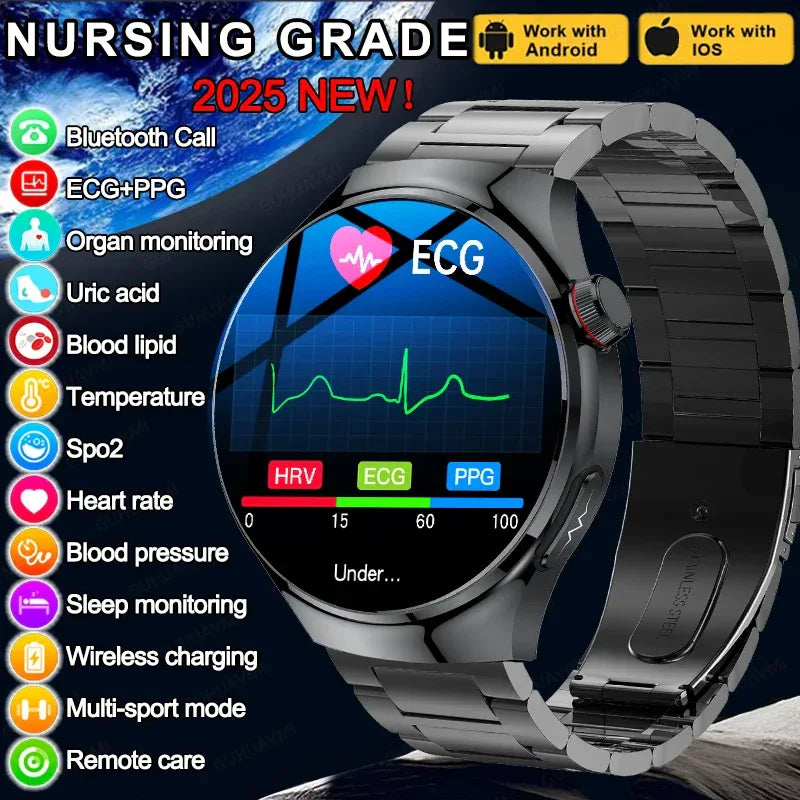 2025 New Nursing Grade Smart Watch Blood oxygen Blood Lipid Uric Acid ECG+PPG Body Temperature Bluetooth Call Health Smartwatch - Wear444