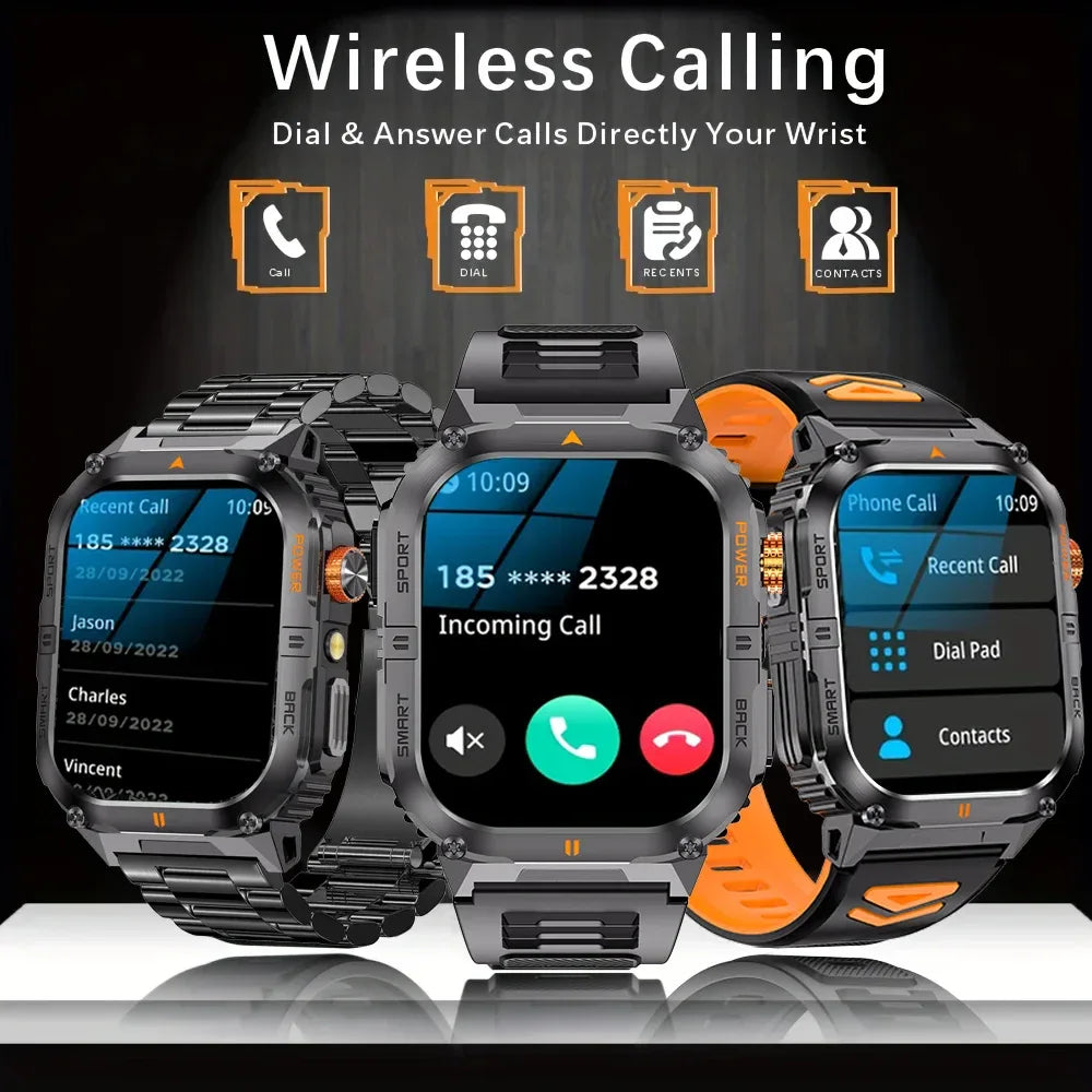 New 1000mAh military outdoor smartwatch for men, LED flashlight, IP68 waterproof, GPS sports, 2.01-inch Bluetooth call smartwatc - Wear444