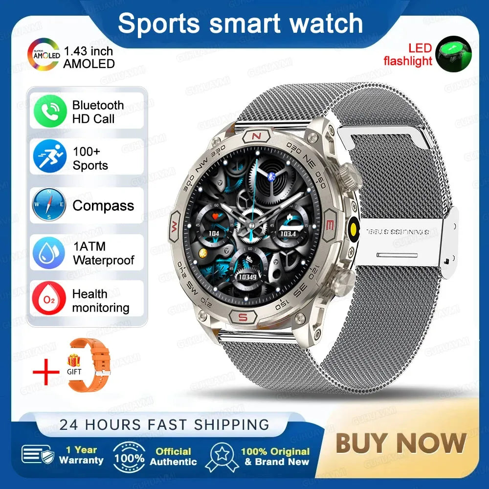 2025New Smart Watch AMOLED Screen GPS Sport Fitness Waterproof LED Lights Compass HD Call Call Smartwatch For Android iOS man - Wear444