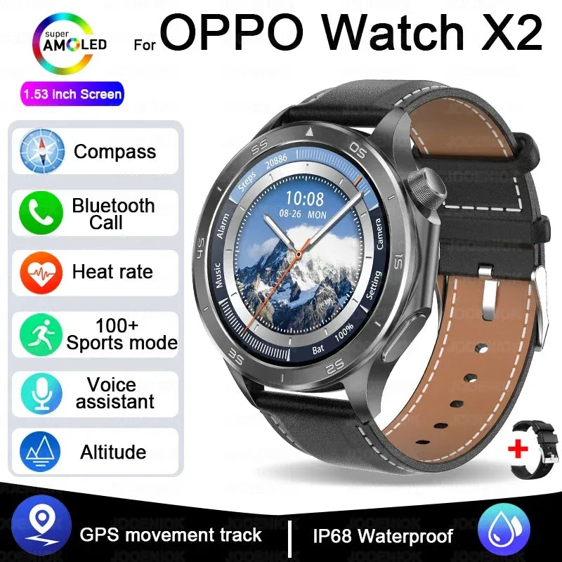 2025 New OPPO X2 Smart Watch Men's GPS Sports IP68 Waterproof Compass Heart Rate Blood Oxygen Bluetooth Call Smartwatches IOS - Wear444