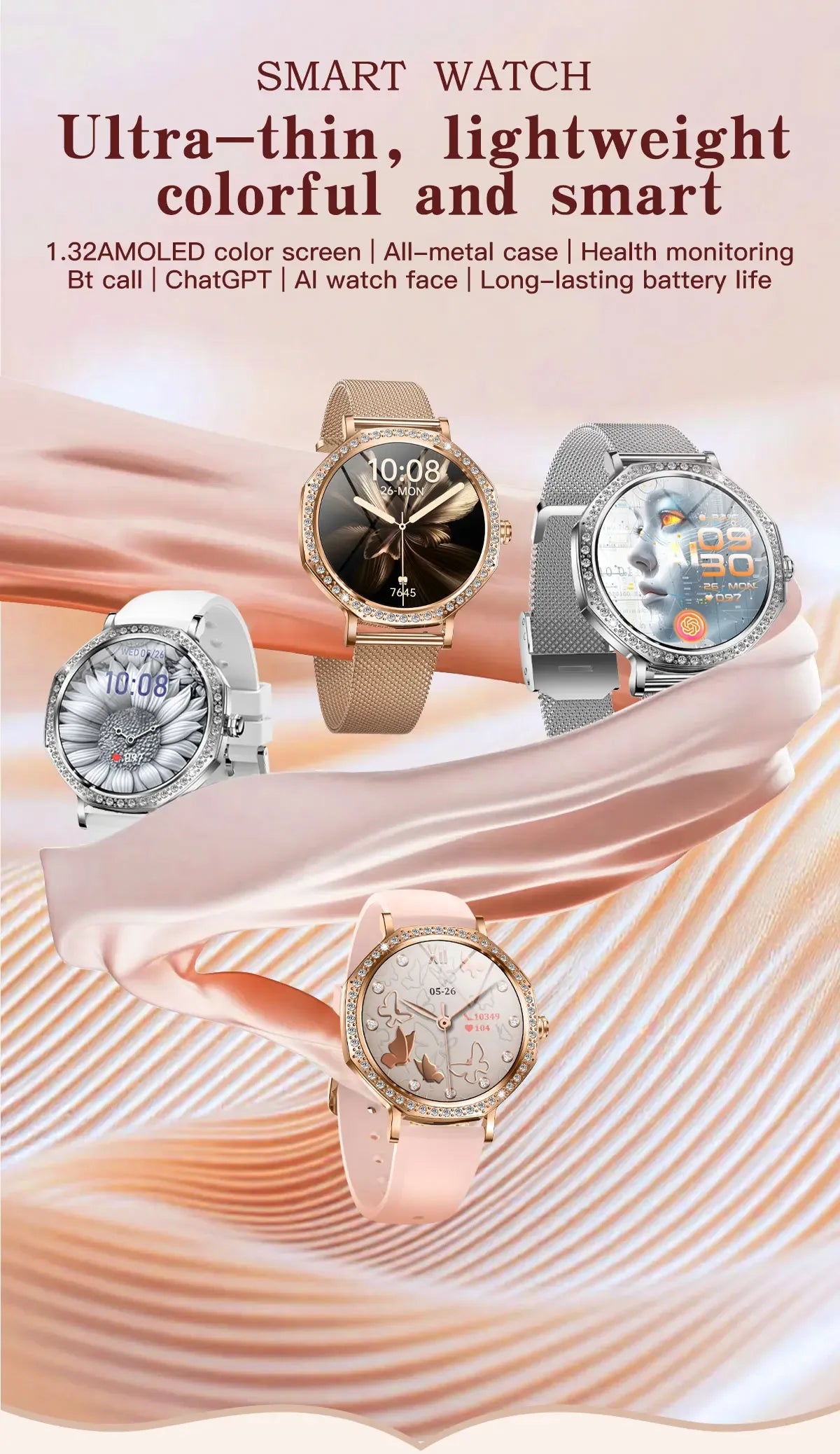 2025 New Ladies' Fashion Smartwatch Diamond Frame HD AMOLED Screen Bluetooth Call Health Monitoring Waterproof Smart Watch Gift - Wear444