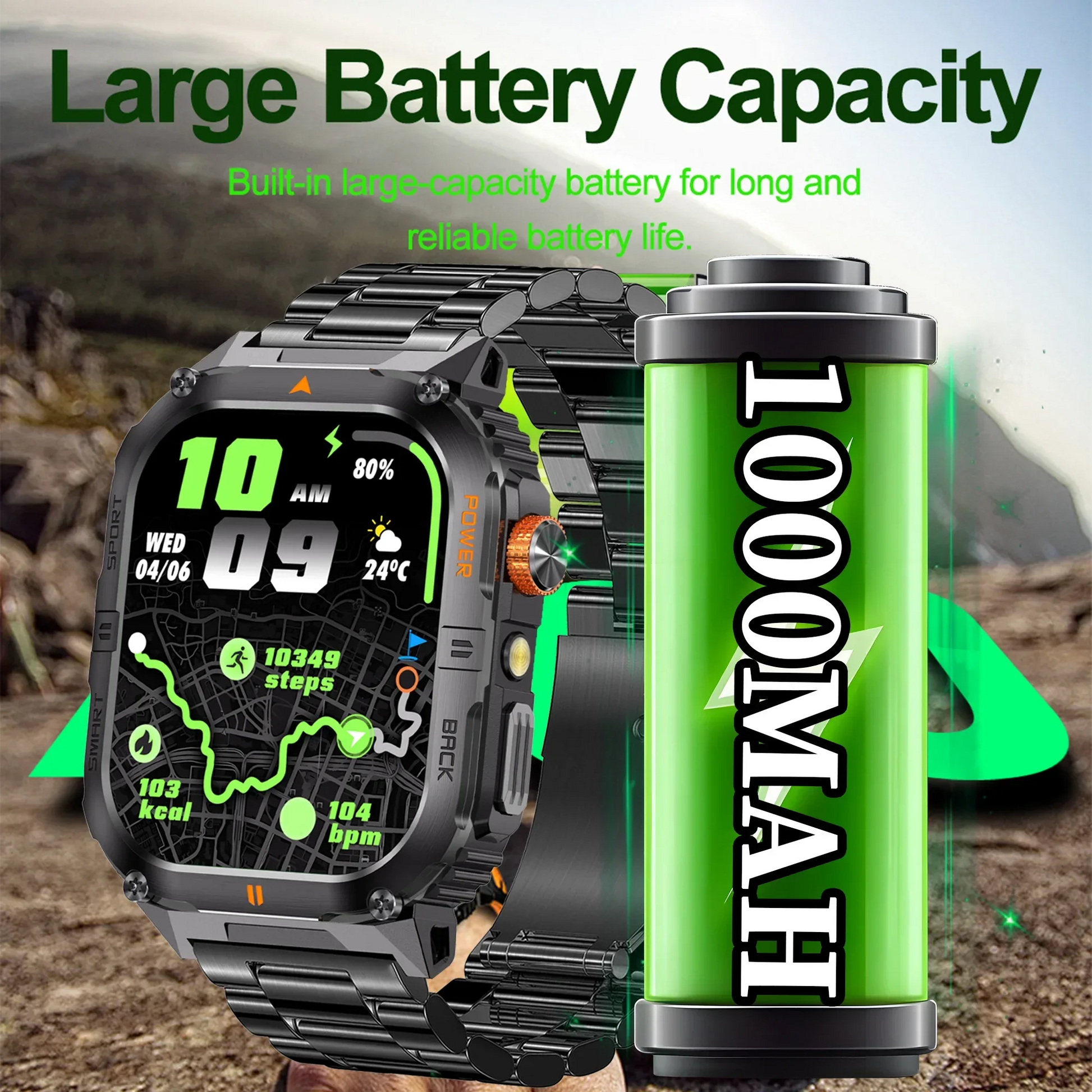 New 1000mAh military outdoor smartwatch for men, LED flashlight, IP68 waterproof, GPS sports, 2.01-inch Bluetooth call smartwatc - Wear444