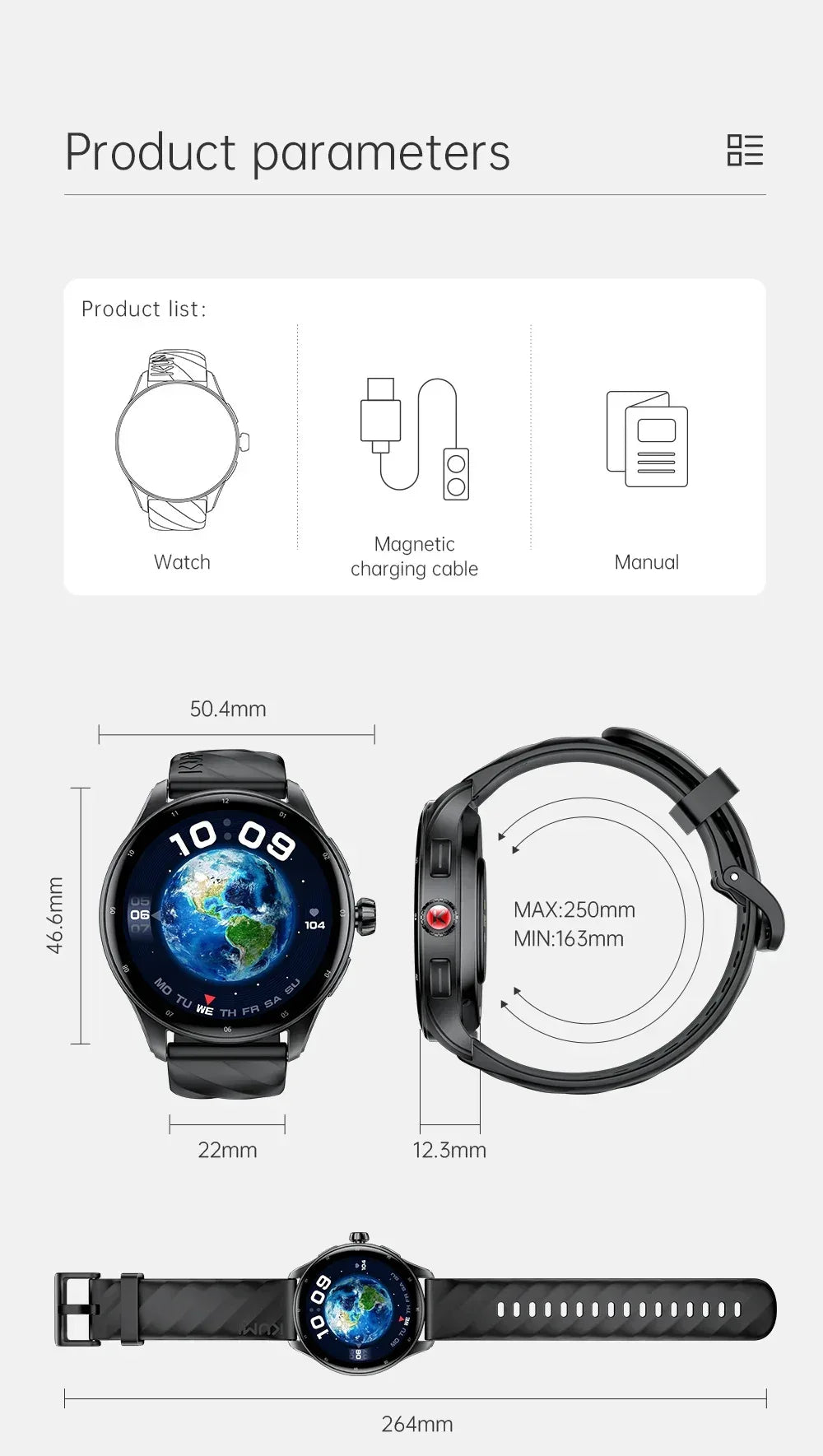 KUMI GW3 Pro Smartwatch 1.43" AMOLED IP68 Waterproof Bluetooth 5.2 Fitness Tracker Heart Rate Blood Oxygen Monitor - Wear444
