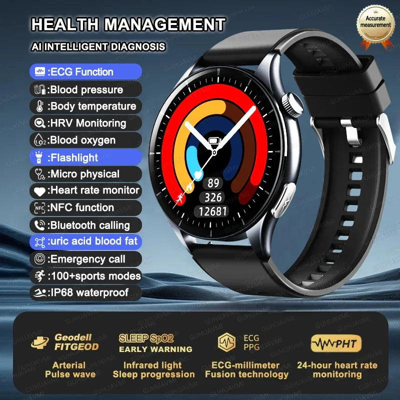 2025 New NFC+ECG+PPG Health Smart Watch BMI Fat Heart Rate Blood Pressure Watch 380mAh BT Call IP68 Waterproof Sports Bracelet - Wear444