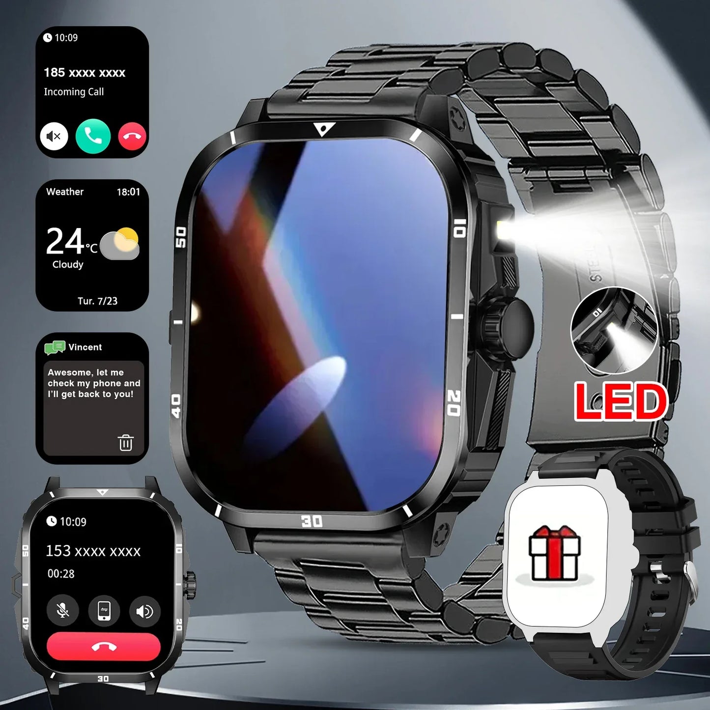 Smart watch, full touchscreen sports watch, Bluetooth calling, with flashlight, unisex, compatible with Android and iPhone. - Wear444
