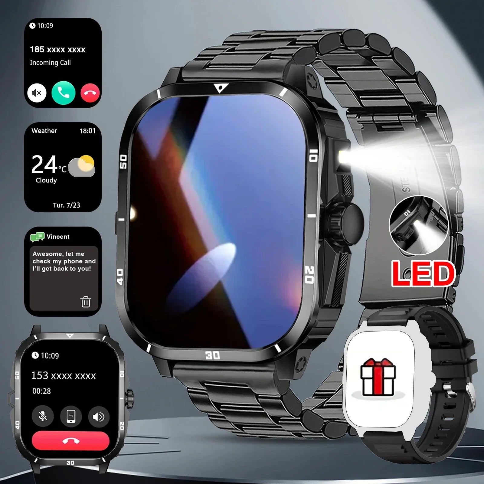 Smart watch, full touchscreen sports watch, Bluetooth calling, with flashlight, unisex, compatible with Android and iPhone. - Wear444