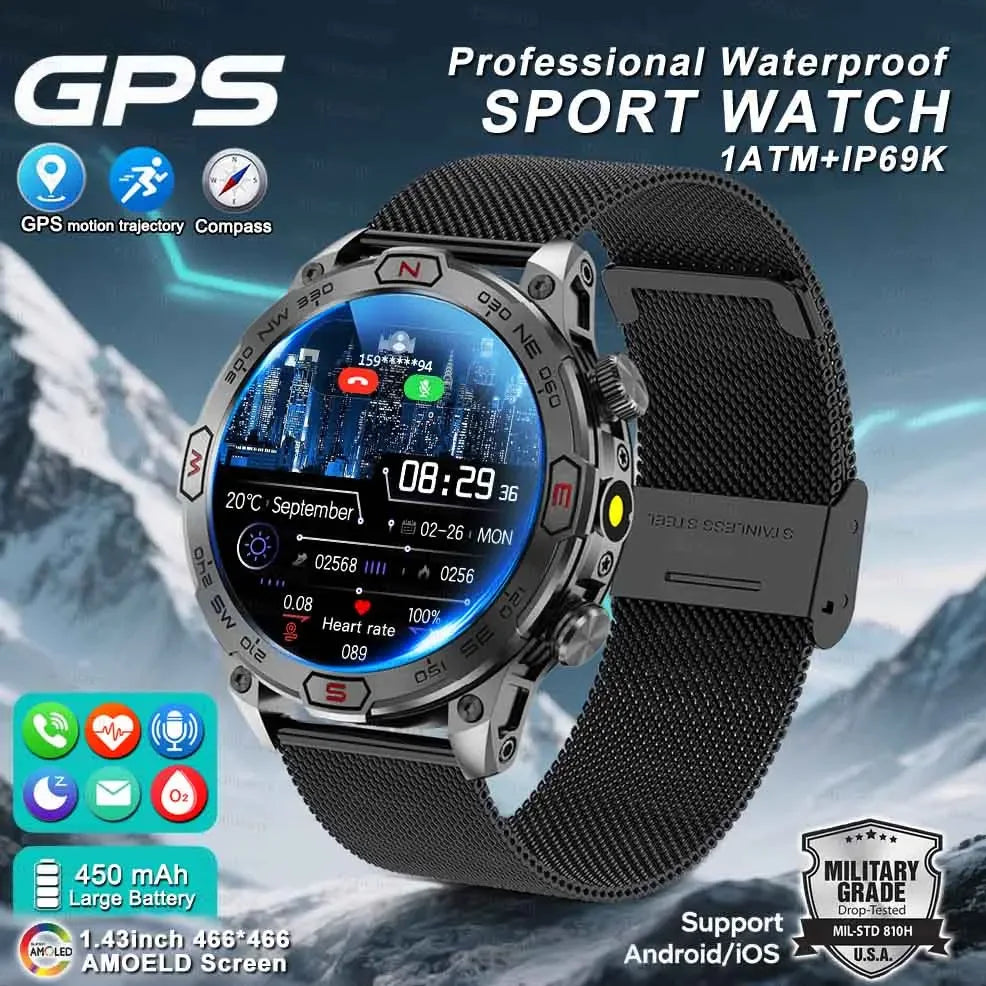 2025New Smart Watch AMOLED Screen GPS Sport Fitness Waterproof LED Lights Compass HD Call Call Smartwatch For Android iOS man - Wear444