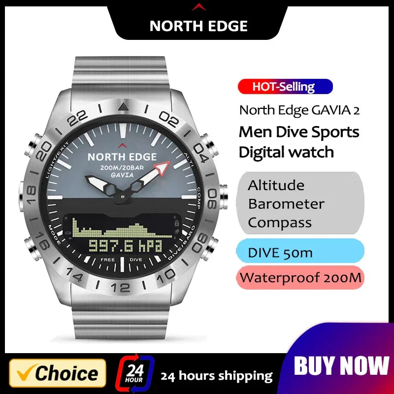 NORTH EDGE Mens Dive Watch Military Army Luxury Full Steel Smartwatch Compass Altimeter Barometer Digital Clock Waterproof 200m - Wear444