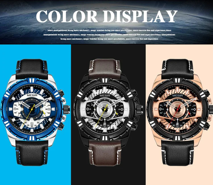 MEGIR Luxury Chronograph Watch - Leather Belt Luminous Sports Business