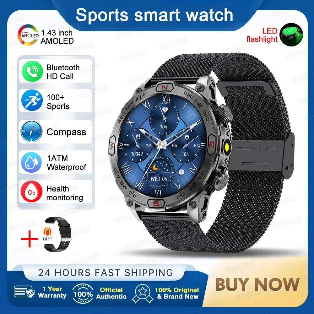 2025New Smart Watch AMOLED Screen GPS Sport Fitness Waterproof LED Lights Compass HD Call Call Smartwatch For Android iOS man - Wear444