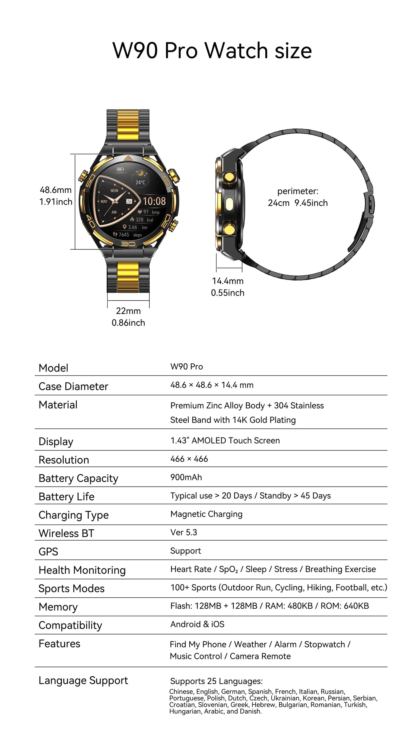 Blackview W90 Pro Smartwatch 1.43" AMOLED Display Up to 20 Days Battery Life, Blood Oxygen,Bluetooth Calling,Heart Rate Monitor - Wear444