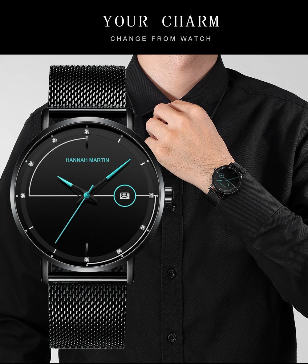 Top Men Quartz Watch With Japanese Movement Simple Blue Black Stainless Steel Mesh Belt Waterproof Travel Fashion Men Wristwatch