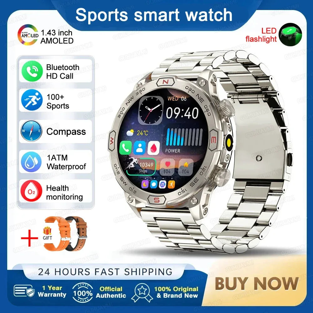 2025New Smart Watch AMOLED Screen GPS Sport Fitness Waterproof LED Lights Compass HD Call Call Smartwatch For Android iOS man - Wear444