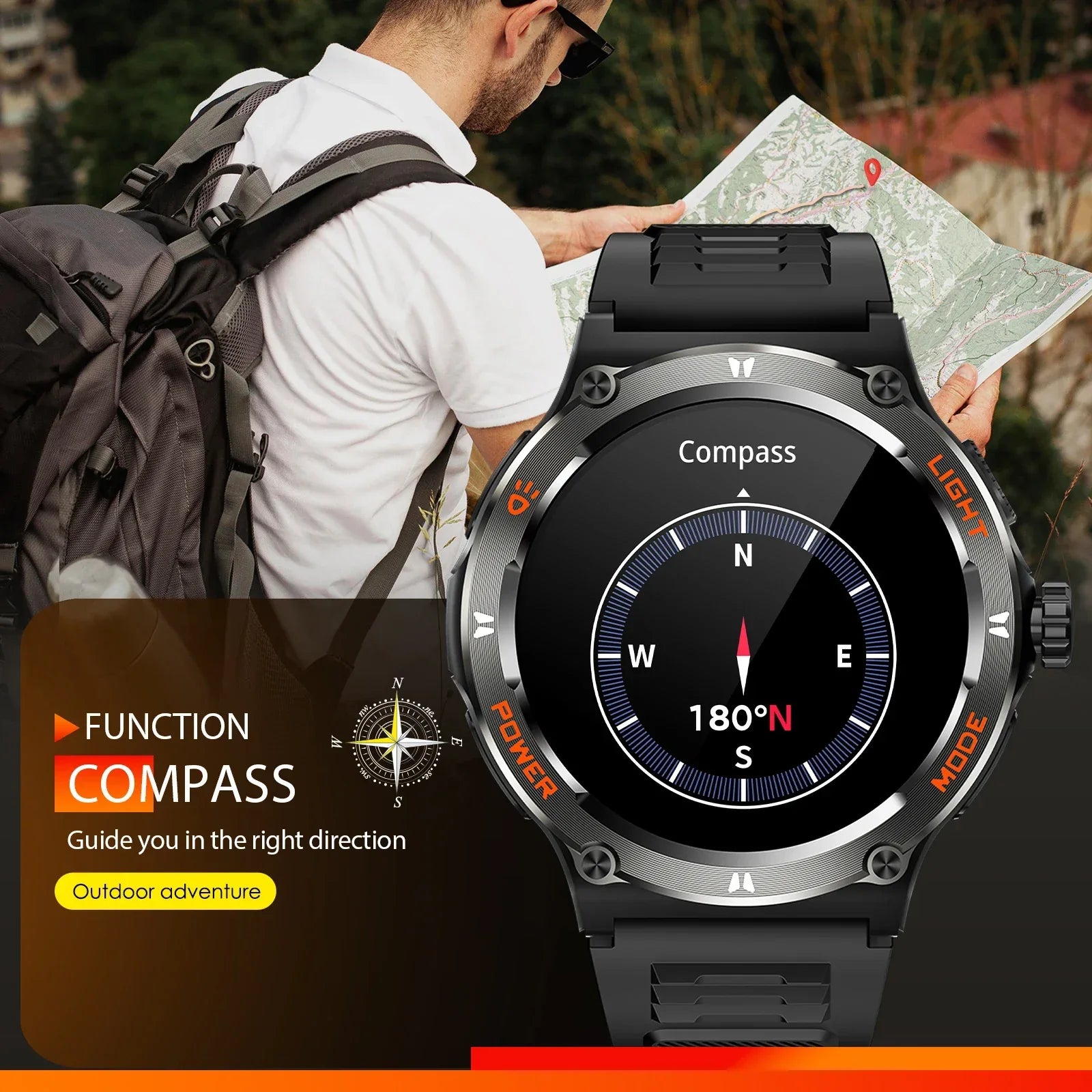 EIGIIS Smart Watch 3ATM Waterproof 1.53" KT76 Men Sport With Compass And LED Flashlight Heart Rate Sleep Analysis Bluetooth Call - Wear444