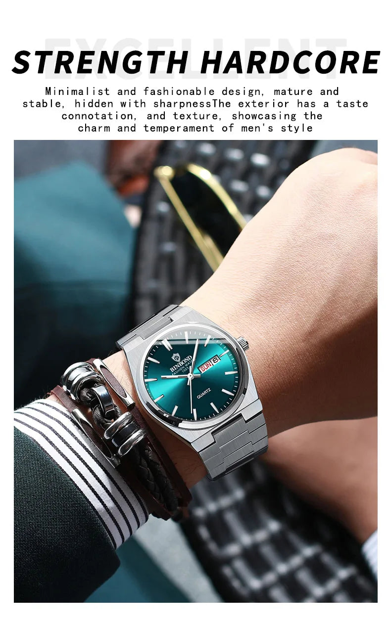 BINBOND Top Brand Luxury Men Quartz Watches Original Watch for Man Waterproof Luminous Date Week Stainless Steel Wristwatch Male