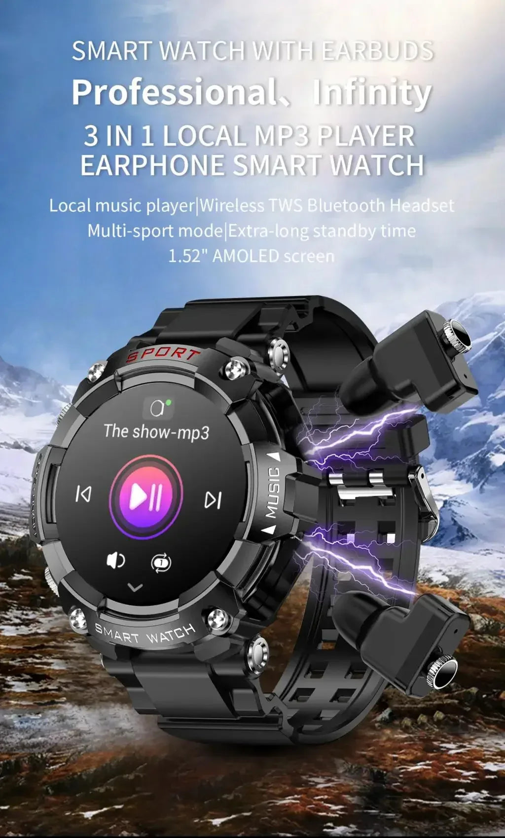 Rainbuvvy T96 TWS Smart Watch Earphone 1.52inch Amoled 3 IN 1 Local Music Player Wireless Headset BT Call Earbuds Smartwatch - Wear444