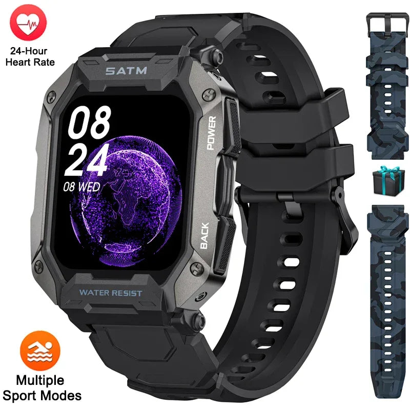 Military Smart Watch Men Carbon Black Ultra Army Outdoor 5ATM Waterproof Sports Smartwatch 2024 Heart Rate Blood Oxygen Monitor - Wear444