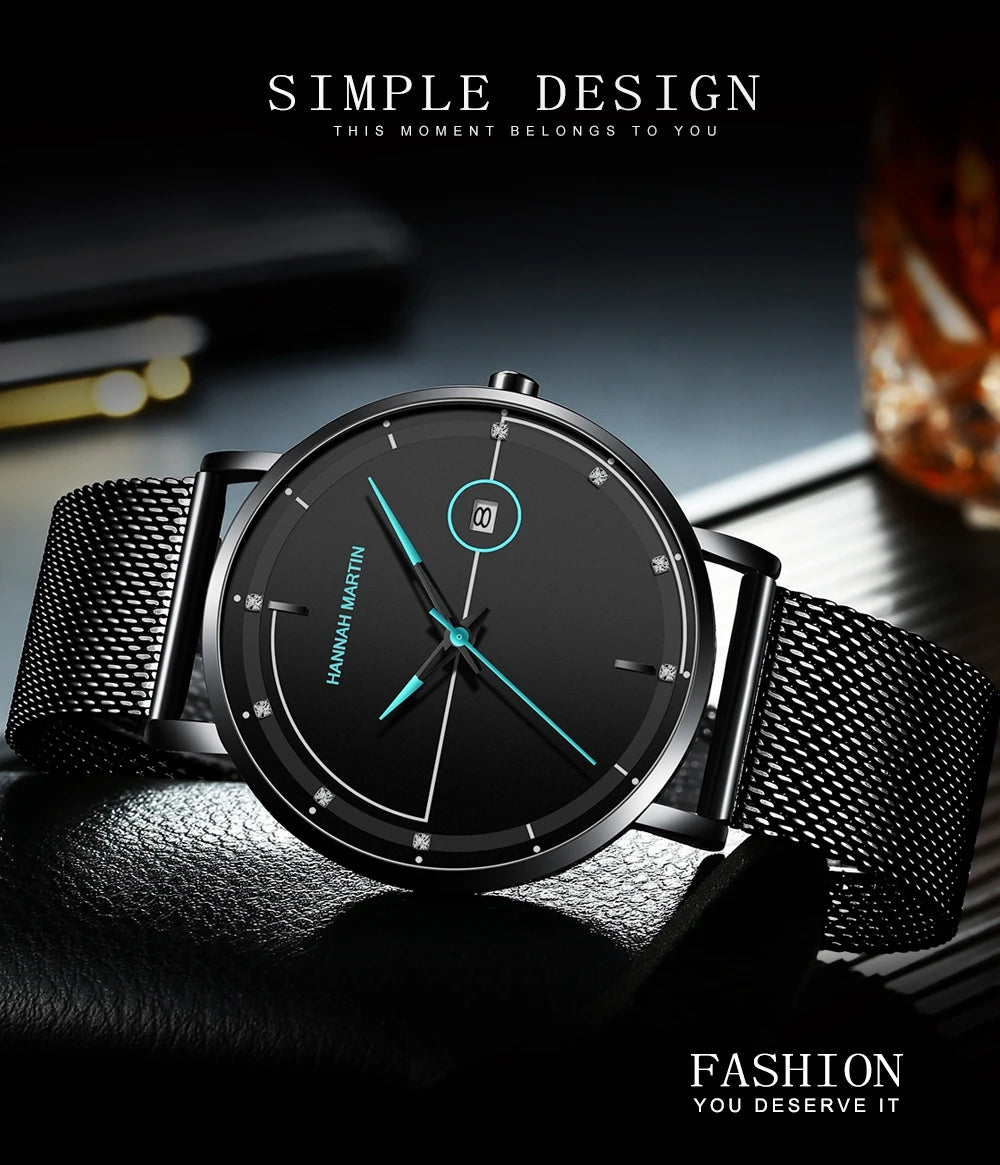 Top Men Quartz Watch With Japanese Movement Simple Blue Black Stainless Steel Mesh Belt Waterproof Travel Fashion Men Wristwatch