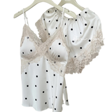 Pajamas Women's Summer Thin Ice Silk Sling Shorts suit Sweet Style Dot Lace Nightgown Home Clothes