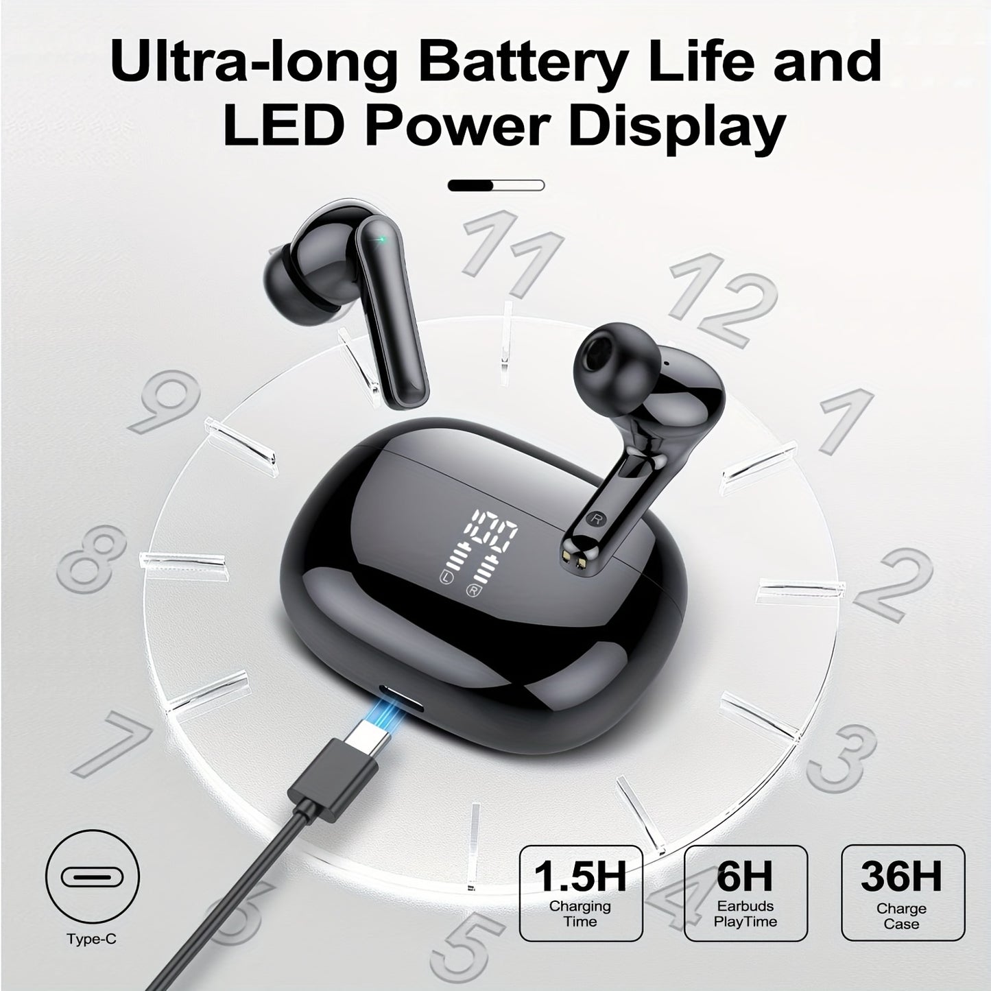 Wireless Earphones, Wireleess 5.3, 13mm Speaker, 30 Hours Of Playback Time, Suitable For IPhone And Android, For Gaming, Business, And Sports With Microphone. With Digital Display Battery Level