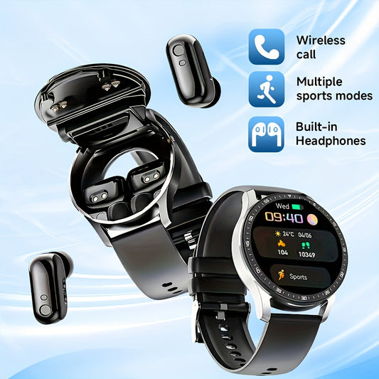 2-in-1 Smart Earphones Watch - Built-in Earbuds, Sports Waterproof, Hands-Free Calling, Compatible with Android and iPhone, Unisex Design for Men and Women