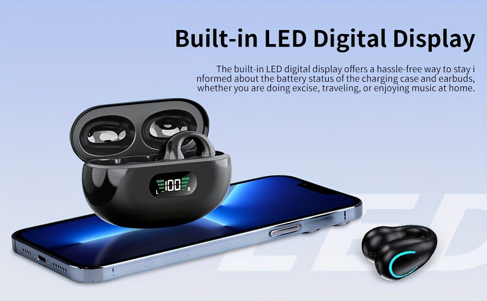 Open Ear Bone Conduction Earphones With Digital Display Charging Case, Wireless Clip On Earphones With 60 Hours Of Playback Time, Built-in Microphone Suitable For Sports Running, Fitness, Cycling Earphones