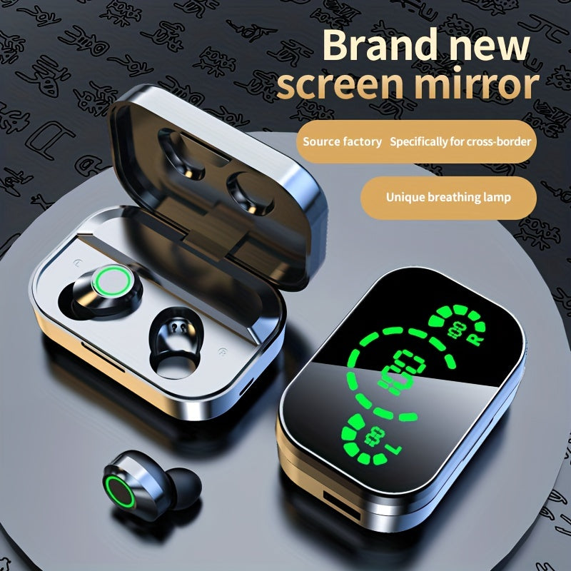 Wireless earphones with mirror digital display, hifi sound quality, high power, emergency charging function for in ear wireless earphones, high-definition voice touch operation, automatic connection to binaural call earphones