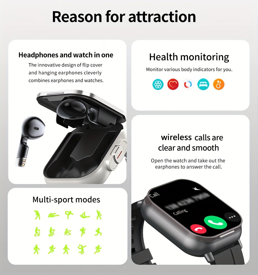 Two-in-One Wireless Earphone Watch - Smartwatch with Built-in Earphones, Multi-functional Sports Features, and Quick Call Answering - Convenient, Sweat-Resistant, and Stylish