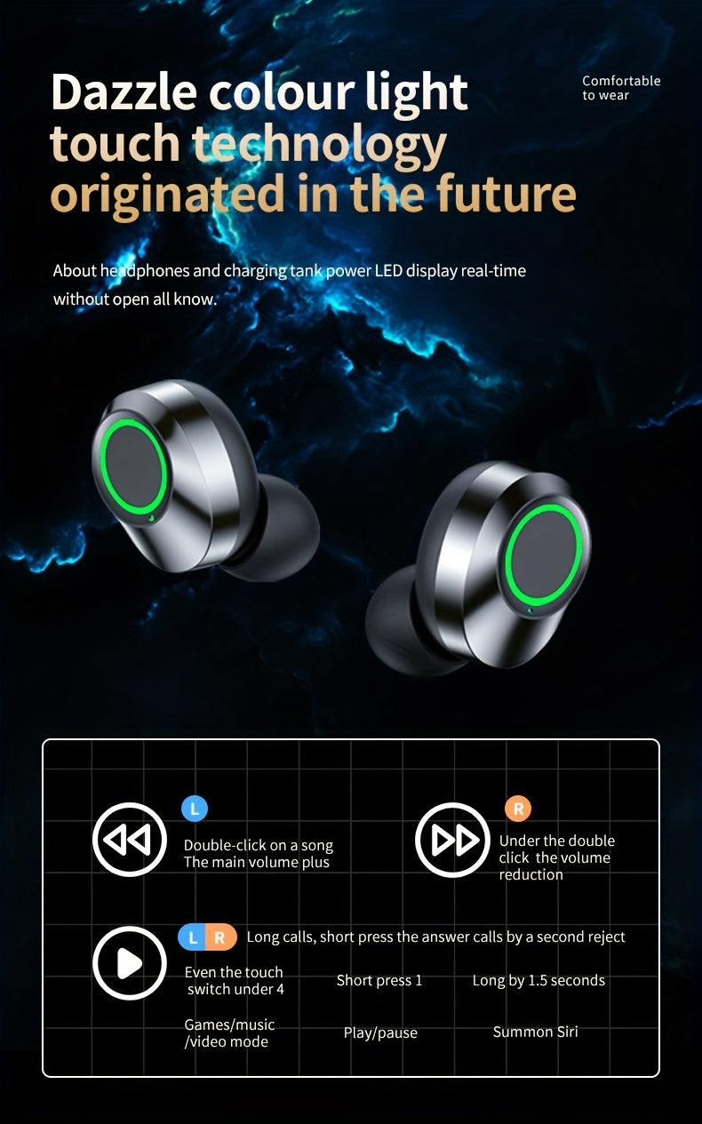 Wireless earphones with mirror digital display, hifi sound quality, high power, emergency charging function for in ear wireless earphones, high-definition voice touch operation, automatic connection to binaural call earphones