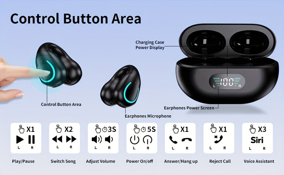 Open Ear Bone Conduction Earphones With Digital Display Charging Case, Wireless Clip On Earphones With 60 Hours Of Playback Time, Built-in Microphone Suitable For Sports Running, Fitness, Cycling Earphones