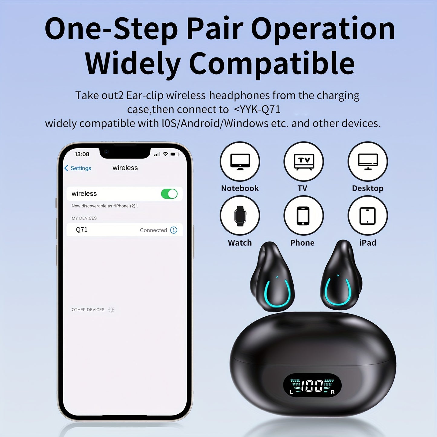 Open Ear Bone Conduction Earphones With Digital Display Charging Case, Wireless Clip On Earphones With 60 Hours Of Playback Time, Built-in Microphone Suitable For Sports Running, Fitness, Cycling Earphones