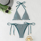 Cross-border 2025 foreign trade split bikini three-point hanging neck lace-up swimsuit fashion backless small chest gathered swimsuit