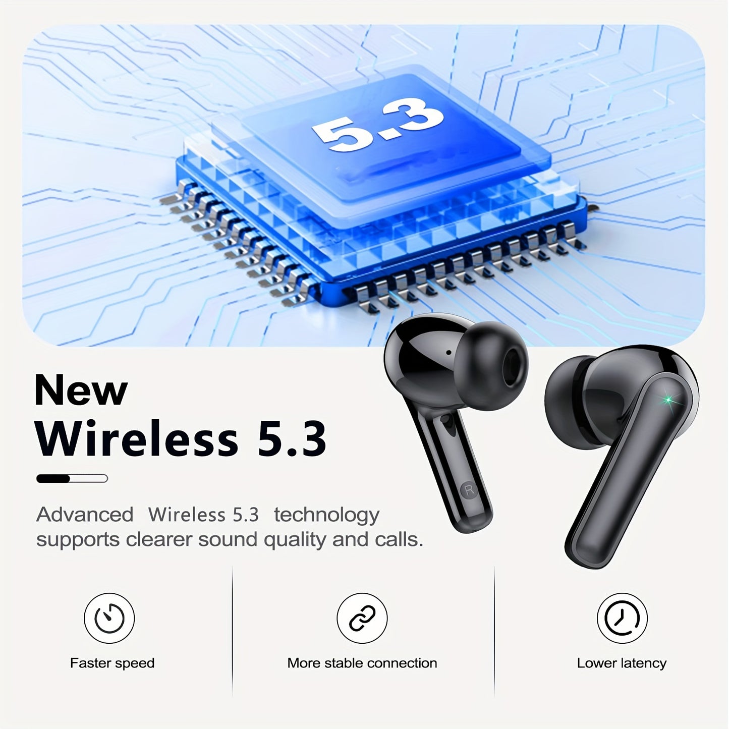 Wireless Earphones, Wireleess 5.3, 13mm Speaker, 30 Hours Of Playback Time, Suitable For IPhone And Android, For Gaming, Business, And Sports With Microphone. With Digital Display Battery Level