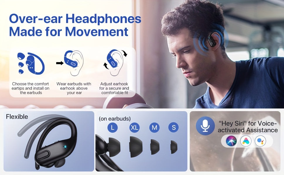 Wireless Headset V5.3 Earbuds 60 Hours Playback Ear Buds with Wireless Charging Case & Dual Power Display Over-Ear Stereo Bass Earphones with Earhooks for Sports/Workout/Running