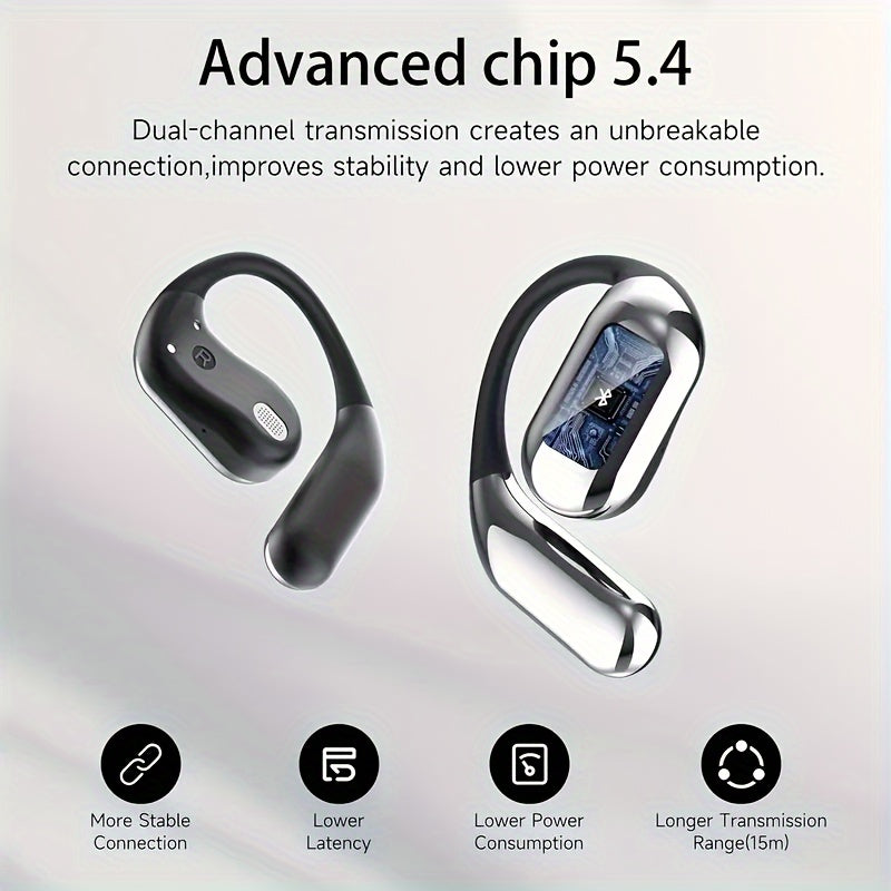 Open ear BT5.4 earphones, wireless earphones with built-in microphone and ear hook, 50H playback time, earplugs with LED display charging case, suitable for running, fitness, cycling, exercise, and sports earphones