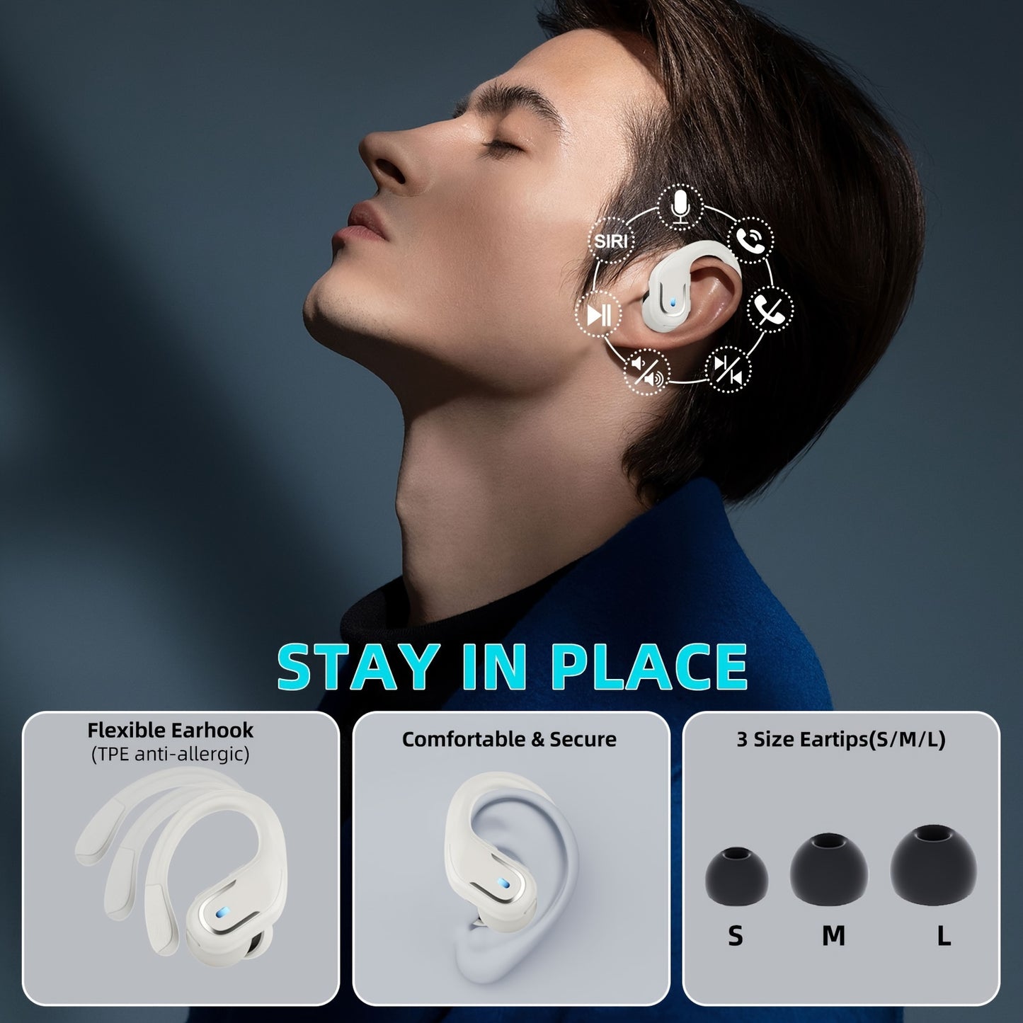 Wireless 5.3 Earphones - 3D Deep Bass Over Ear, ENC Noise Cancelling Mic, Sweatproof Sports Earbuds with Earhooks for Running, Exercise, and Fitness - Long Battery Life, Hands-Free Calls, and Crystal-Clear Sound