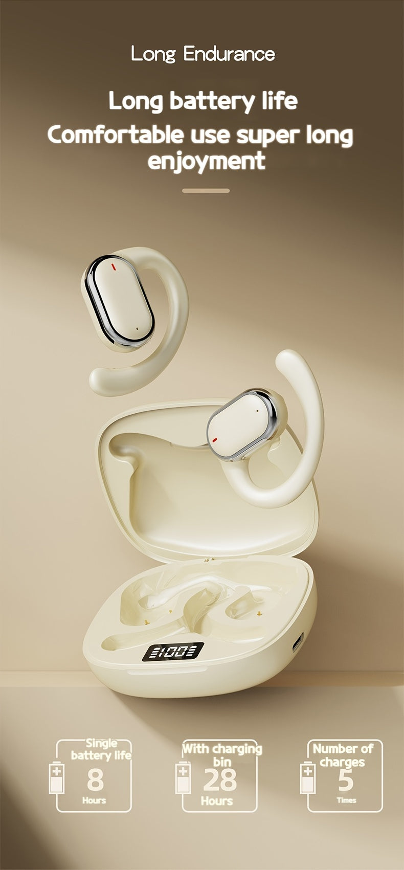 OWS Wireless TWS Audio Earphones With LED Power Display, Sports Ear Directional Sound Transmission, Earphones Supporting 90 Degree Adjustment, Non In Ear Sports Earphones, Game Music HIFI Surround Sound