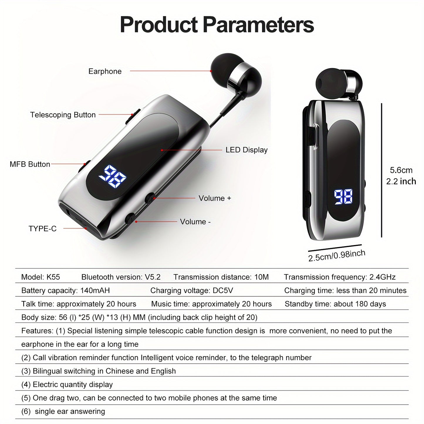 Collar Style Retractable Cable Wireless Wireless Earphones, Sports Single Ear Earphones, Business Earphones, Can Connect Two Wireless Devices At The Same Time, LED Battery Display, Compatible With Mobile Phones, Tablets, Lapt