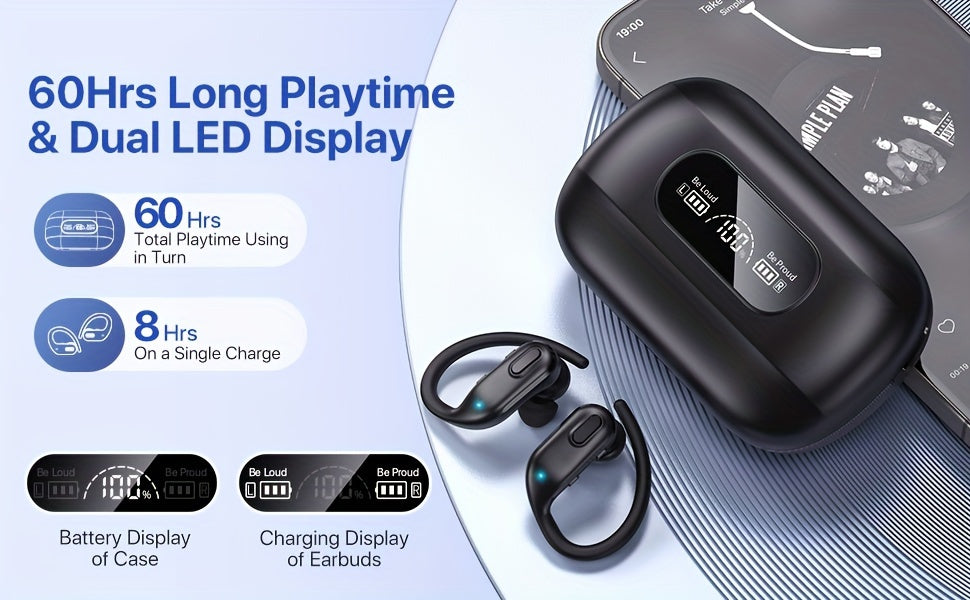 Wireless Headset V5.3 Earbuds 60 Hours Playback Ear Buds with Wireless Charging Case & Dual Power Display Over-Ear Stereo Bass Earphones with Earhooks for Sports/Workout/Running