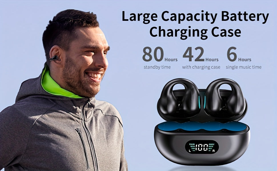 Open Ear Bone Conduction Earphones With Digital Display Charging Case, Wireless Clip On Earphones With 60 Hours Of Playback Time, Built-in Microphone Suitable For Sports Running, Fitness, Cycling Earphones